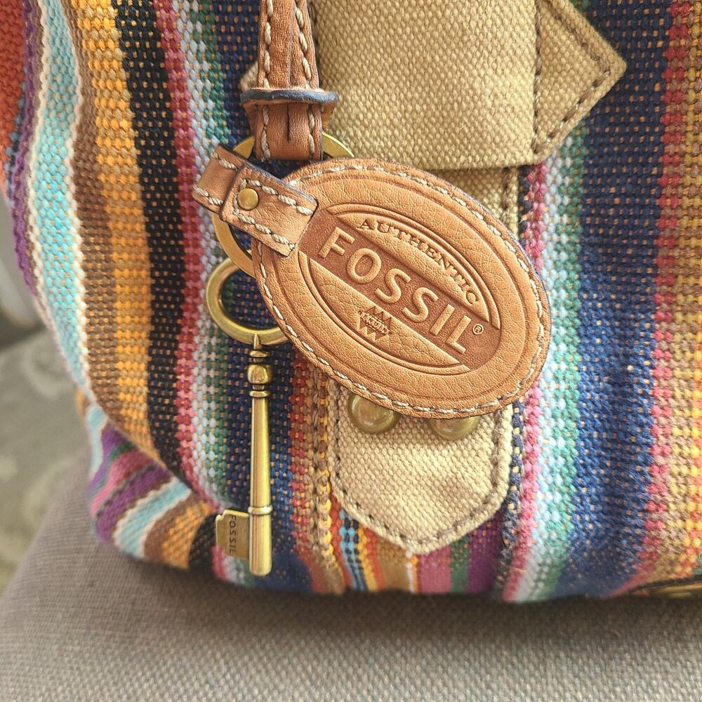 Y2K Fossil Keyper Maddox Striped Tapestry Satchel - Picture 3 of 10